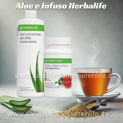 Immagine di Aloe concentrato alle erbe e Infuso a base di erbe Herbalife con una tazza di tè fumante e foglie di aloe.